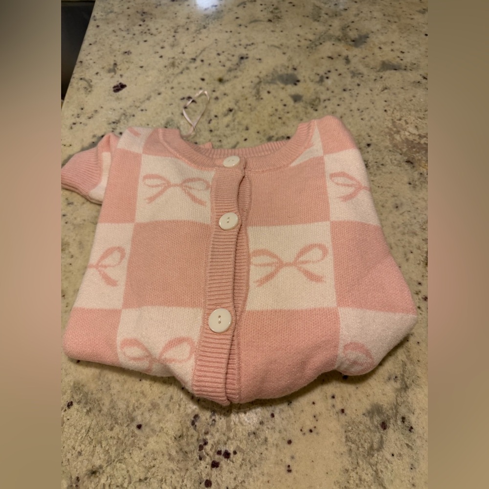 Pink and White Checkered Cardigan Button up Sweater with Bow Design